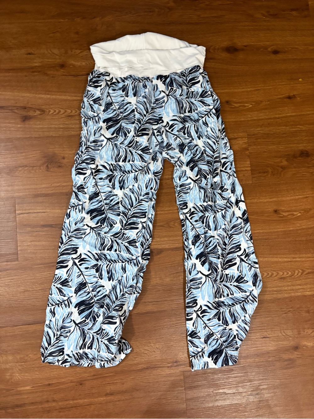 Women’s Light Blue Leaf-Print Wide Leg Jumpsuit Pants